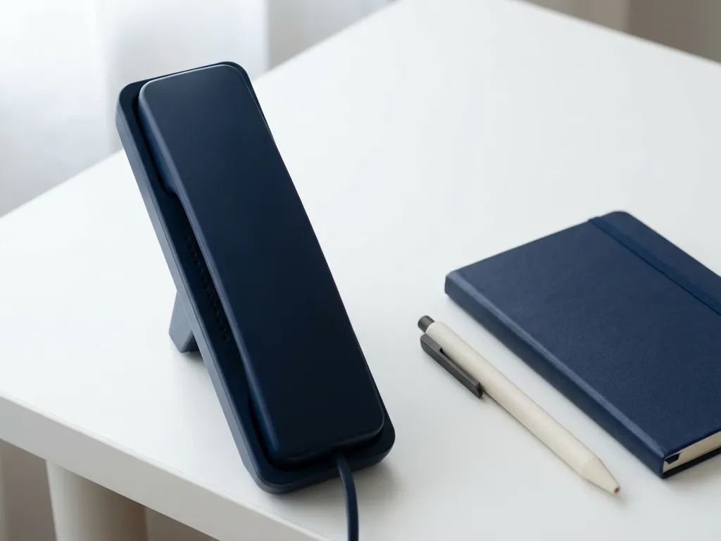 Donkerblauwe telefoonhoorn op wit bureau naast gesloten notitieboekje en pen, strak minimalistisch kantoorstilleven.