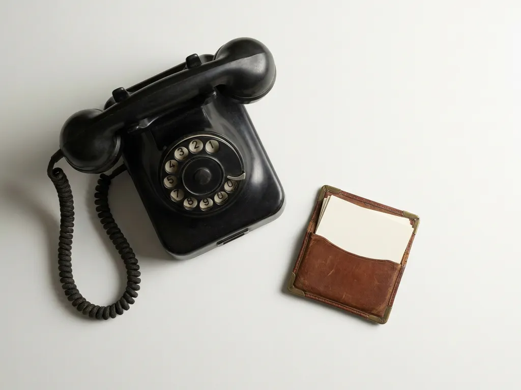 Klassieke zwarte bureautelefoon met spiraalnoer naast een leren visitekaarthouder op wit oppervlak.