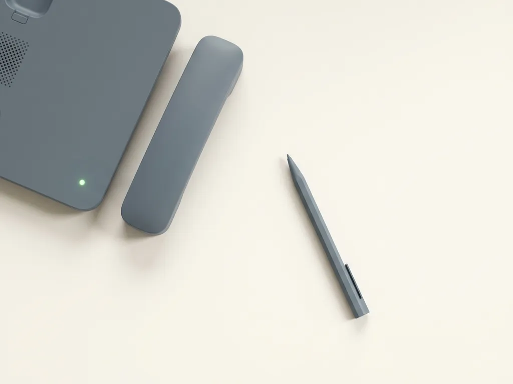 Minimalistische bureautelefoon met groen lampje en hoorn op wit oppervlak, bovenaanzicht.