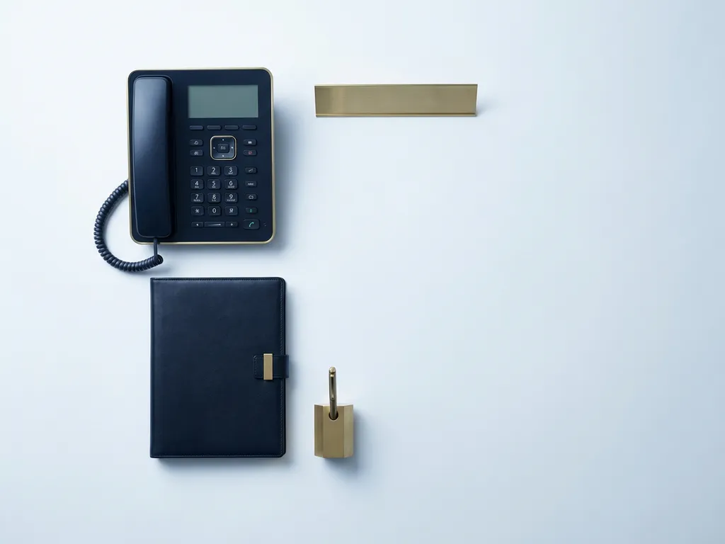 Minimalistisch bureauopstelling met zakelijke telefoon, naambordje en leren notitieboek in wit, marineblauw en messing tinten.