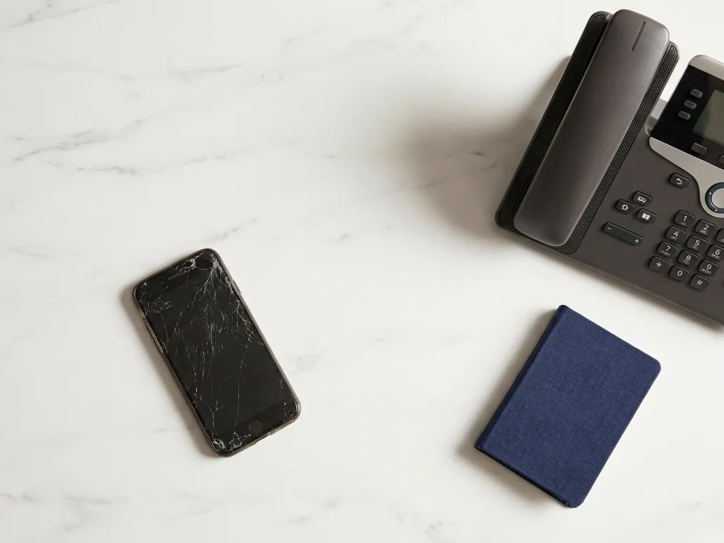 Gebarsten persoonlijke smartphone naast een moderne kantoortelefoon op wit marmeren bureau, minimalistisch bovenaanzicht.