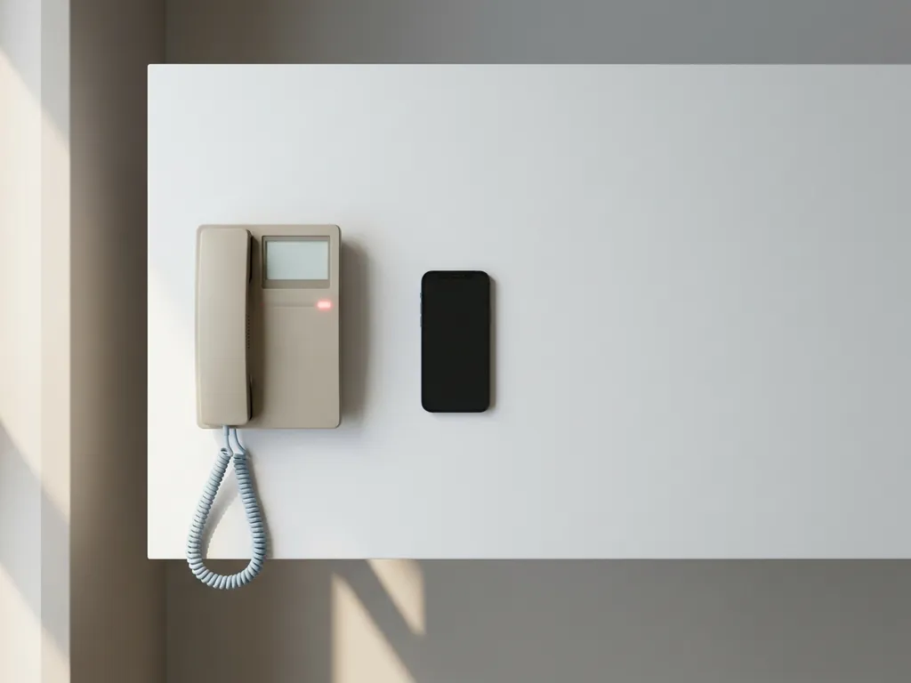 Smartphone met scherm naar beneden op wit bureau naast vaste telefoon met gemiste oproep, minimalistisch bovenaanzicht.