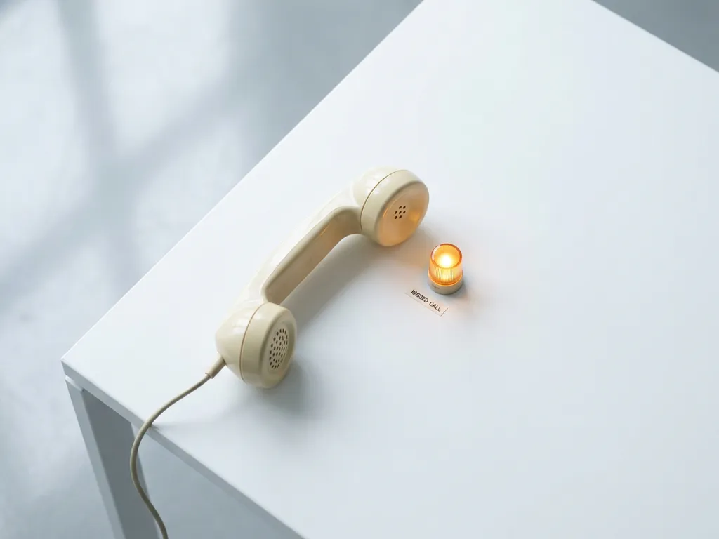 Vintage telefoonhoorn omgekeerd op wit bureau met zacht gloeiend amber waarschuwingslampje, symboliseert gemiste verbinding.