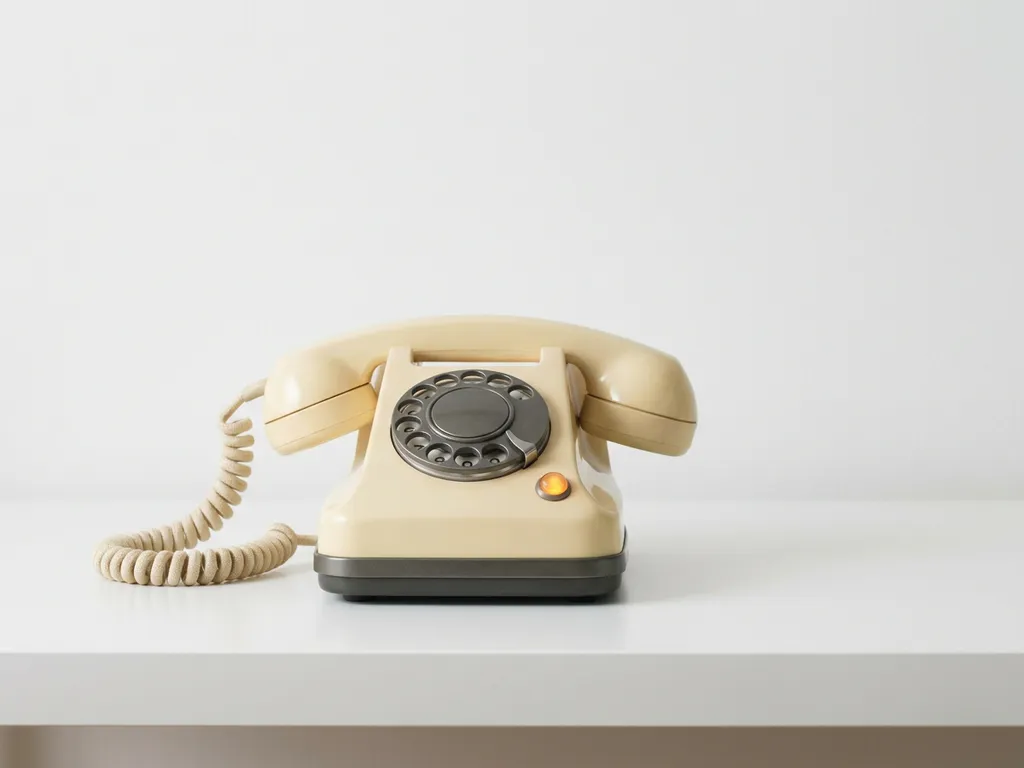 Vintage roterende telefoon op wit bureau met zacht oranje gemist-oproep lampje in minimalistische compositie.