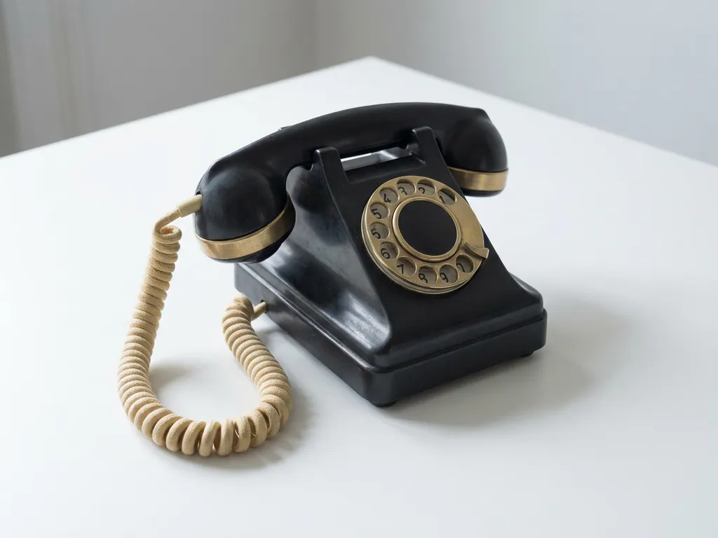 Klassieke zwarte bureautelefoon met spiraalnoer op wit oppervlak, gefotografeerd op ooghoogte met zacht directioneel licht.