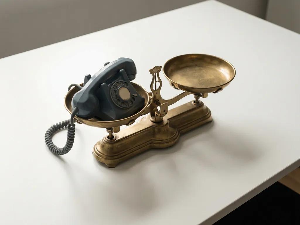 Vintage messing weegschaal met één zijde belast door een telefoonhoorn, de andere zijde leeg, op wit bureau.