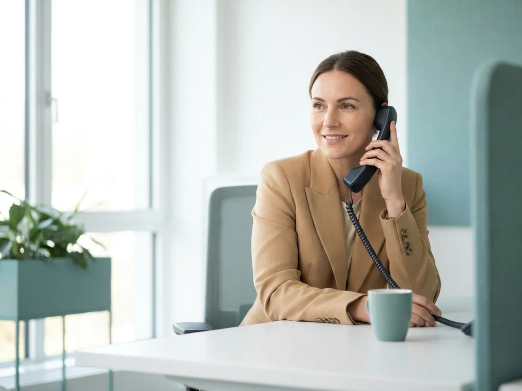 Vrouwelijke receptioniste aan wit bureau houdt telefoonhoorn vast in modern, licht kantoor met warme, professionele uitstraling.