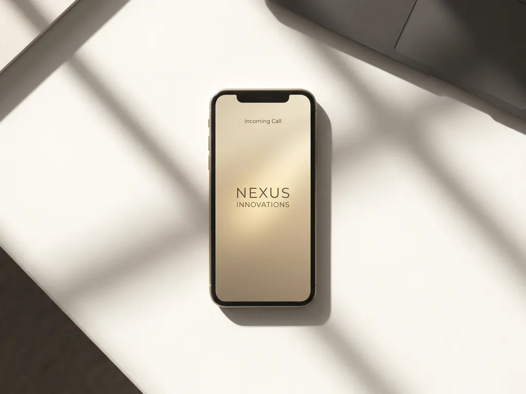 Moderne smartphone op wit bureau met inkomend zakelijk gesprek op het scherm, gefotografeerd van bovenaf in zacht natuurlijk licht.