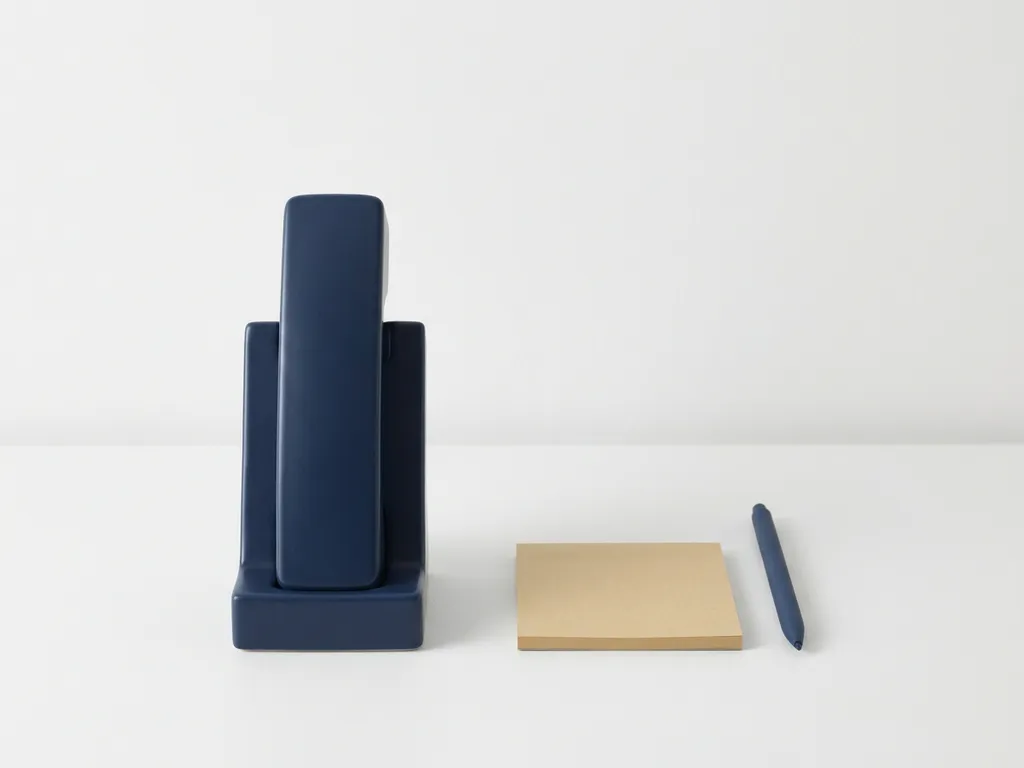 Marineblauwe telefoonhoorn op wit bureau met notitieblok en pen, minimalistische kantooropstelling.