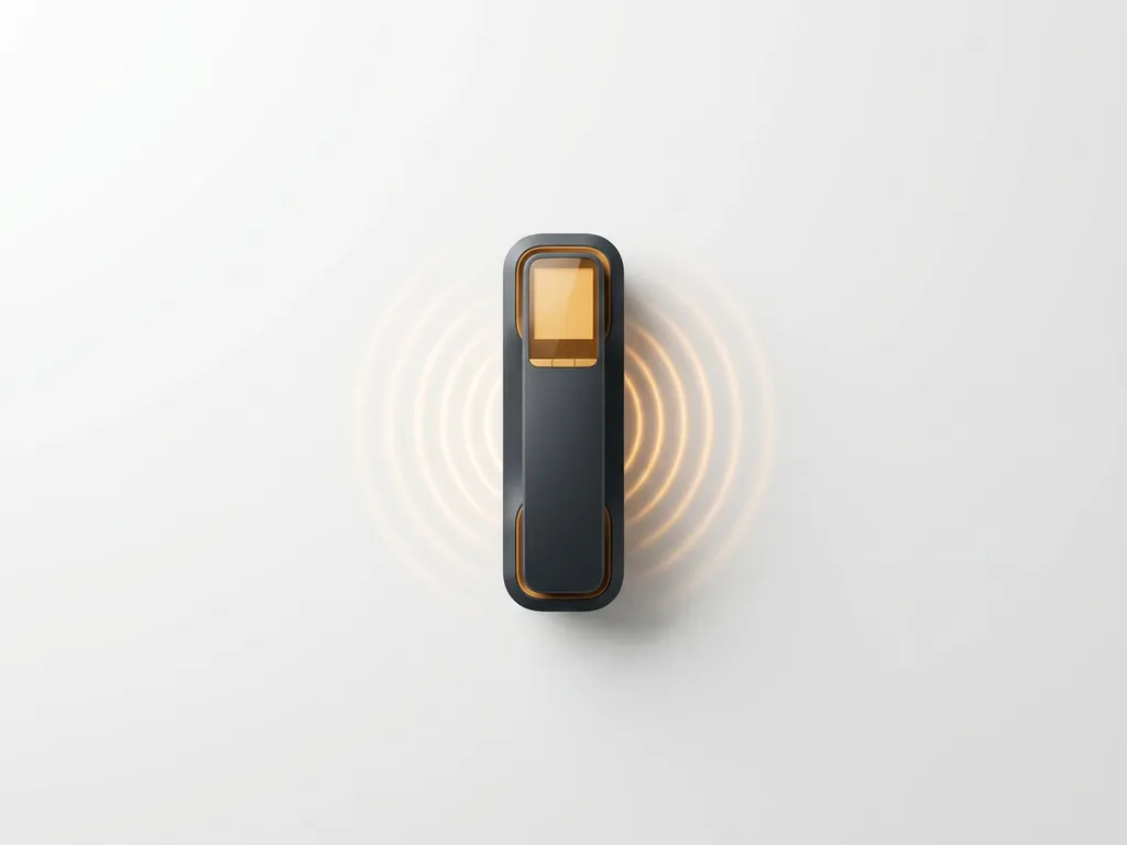 Desk telefoonhoorn op wit oppervlak met uitdijende rimpelpatronen in amber en antraciet tinten.