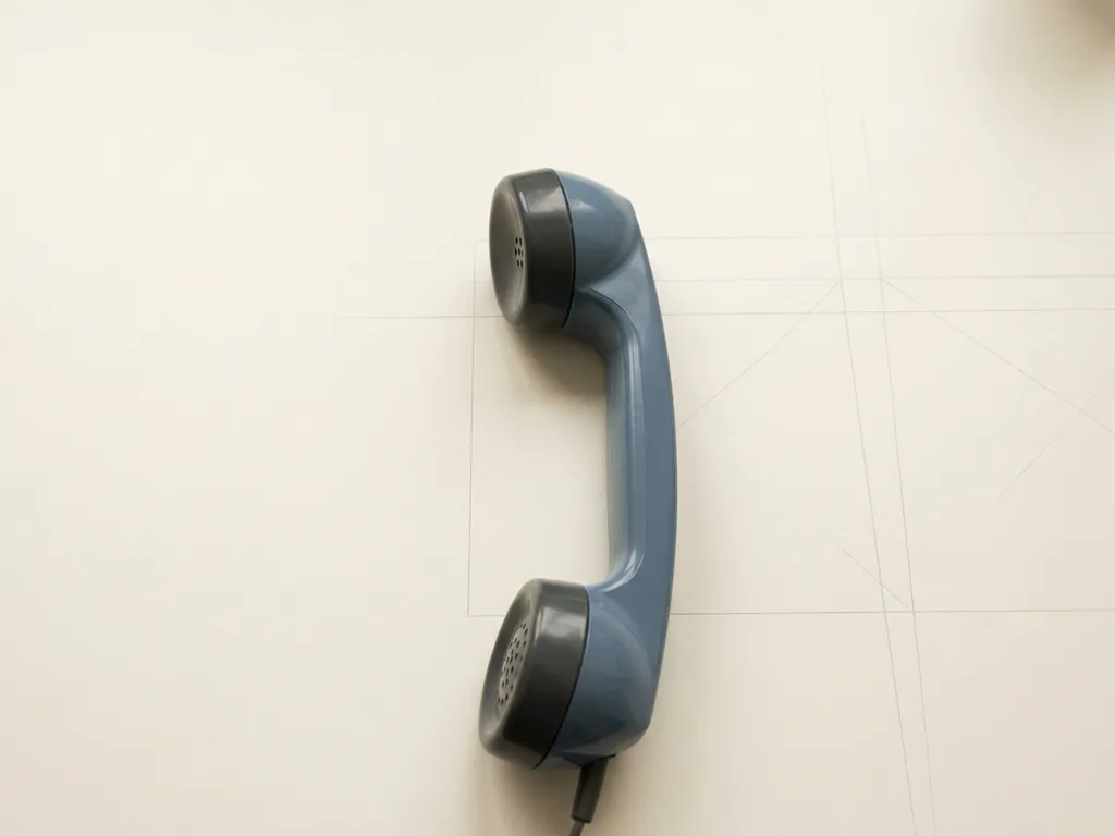 Klassieke telefoonhoorn rechtop op wit bureau met subtiele geometrische gridlijnen, minimalistische compositie in leisteenblauw en gebroken wit.