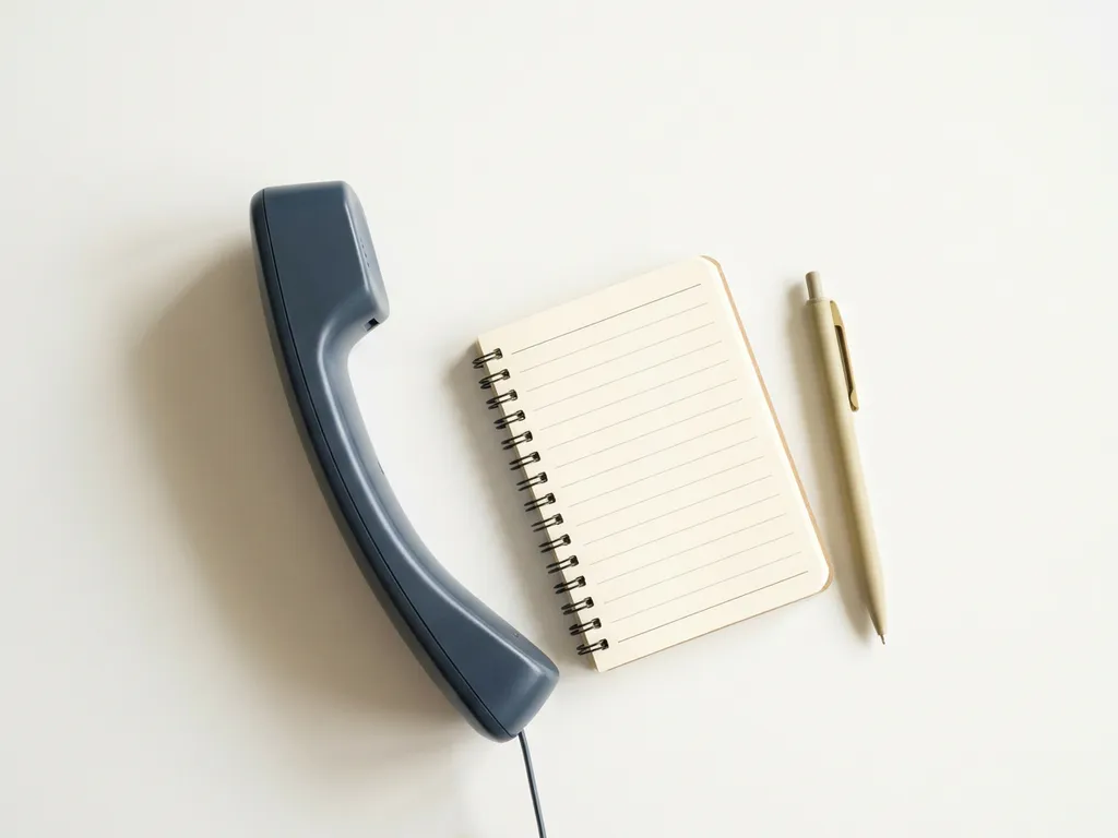 Grijs-blauwe telefoonhoorn op wit bureau naast open notitieboekje, overhead flatlay met zacht natuurlijk licht.