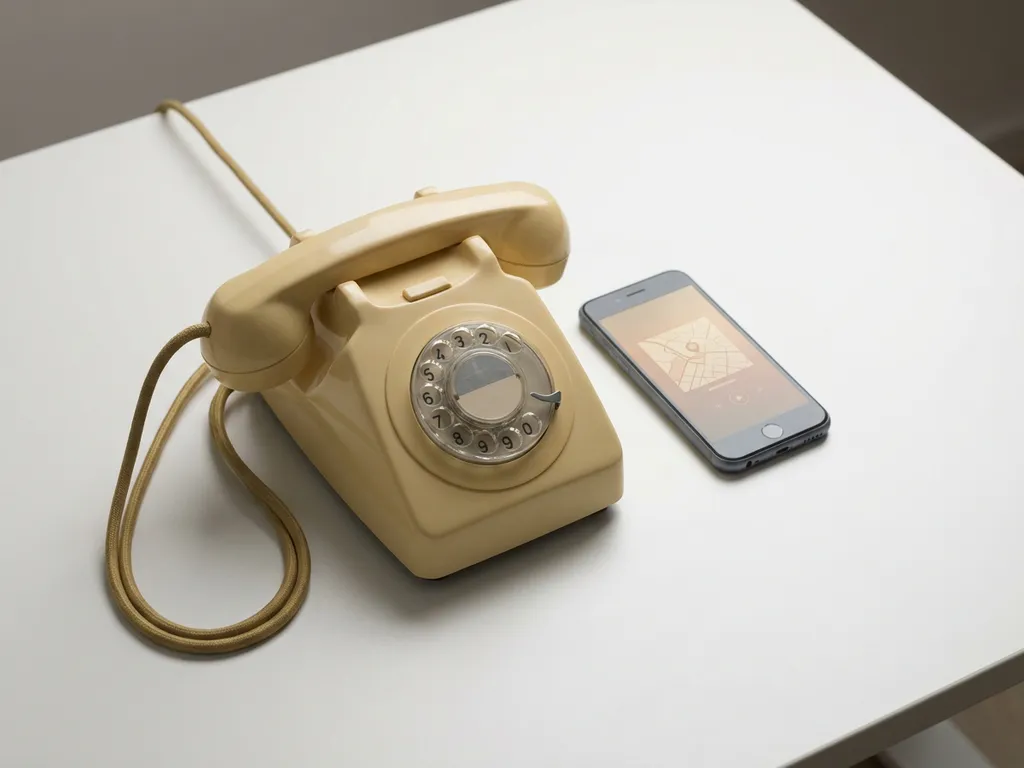 Klassieke bureautelefoon en moderne smartphone naast elkaar op wit oppervlak, symboliseren lokale en nationale communicatie.