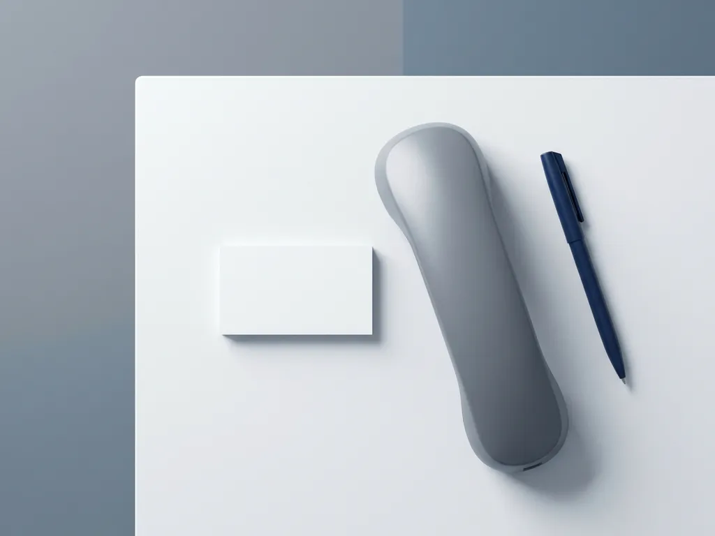 Gepolijste telefoonhoorn naast een wit visitekaartje op een minimalistisch wit oppervlak, zakelijke flat-lay met marineblauwe accenten.