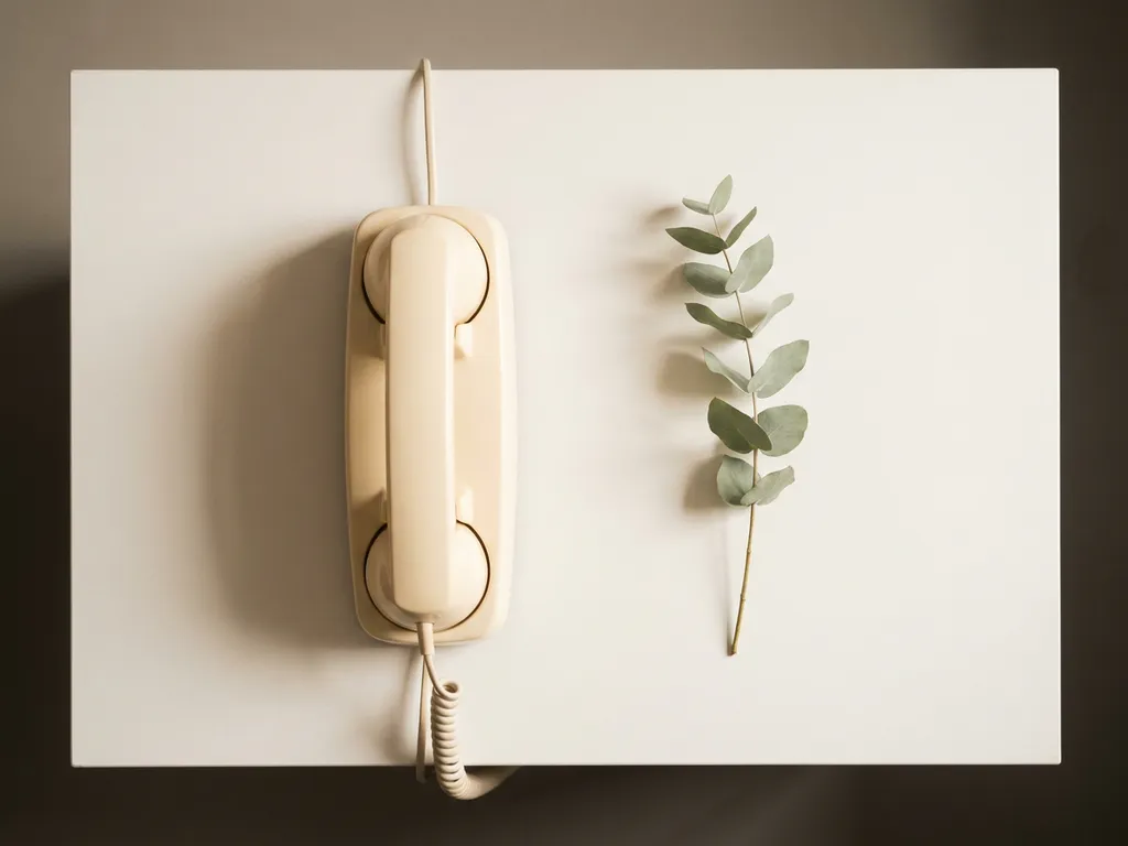 Vintage rotary telefoon in houder op wit bureau, met groene plantensteel en warm zacht licht in minimalistische bovenaanzicht.