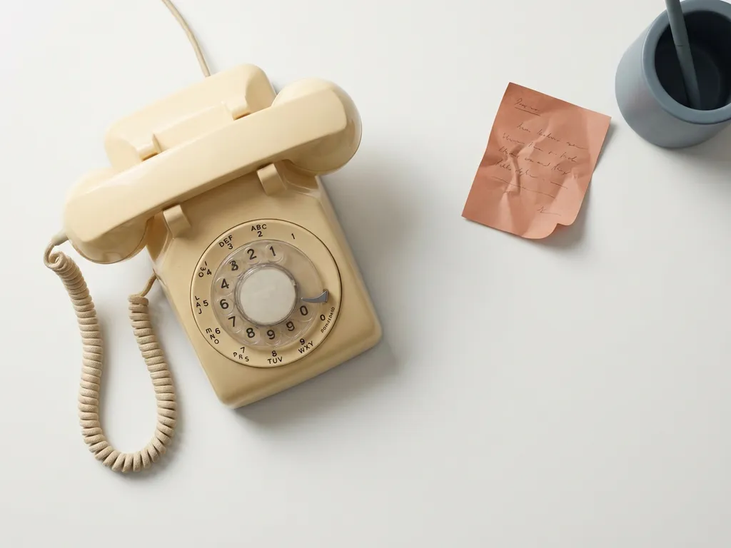 Vintage rotarytelefoon op wit bureau met verwelkt papierbriefje, symboliseert een gemiste kans in een rustieke sfeer.