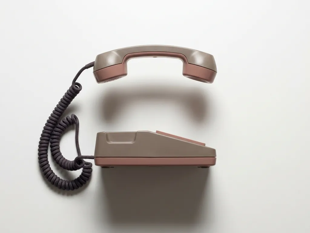 Vintage telefoonhoorn zweeft boven de haak op wit bureau, zachte schaduwen en gedempte rozegrijze tinten.