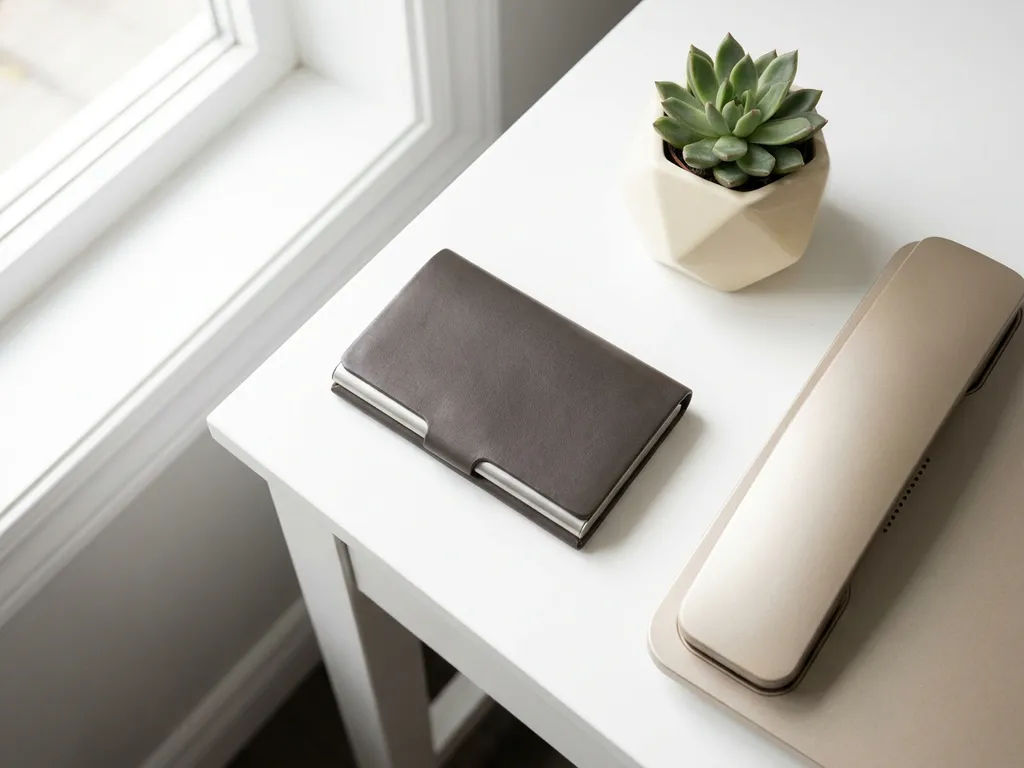 Gepolijste leren visitekaartjeshouder en strak bureautelefoon op wit oppervlak met kleine succulent, minimalistisch flatlay.