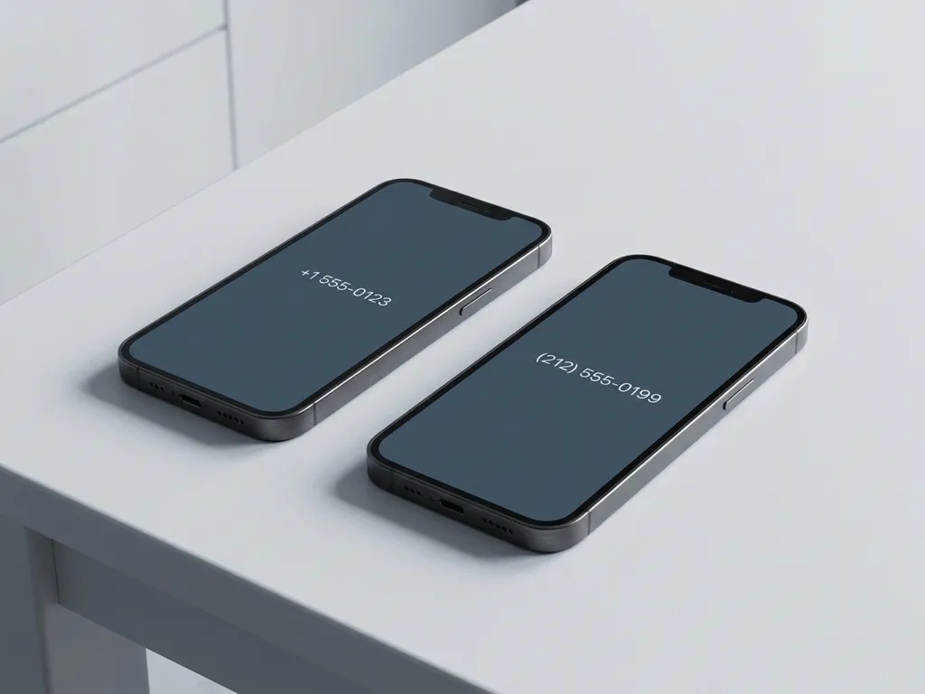 Twee zakelijke telefoons naast elkaar op wit bureau, één met mobiel nummer, één met vast formaat, minimalistisch en strak.