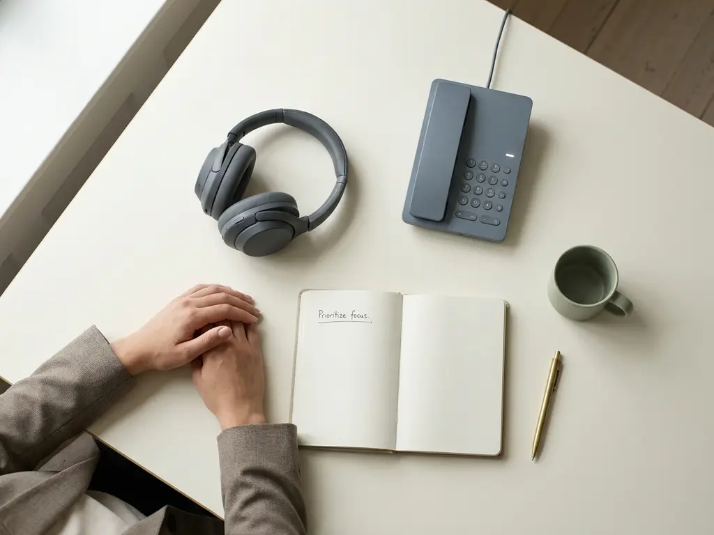 Professional aan minimalistisch bureau met rinkelende telefoon, notitieboek en noise-cancelling koptelefoon in warme ivoor- en saliegroen tinten.