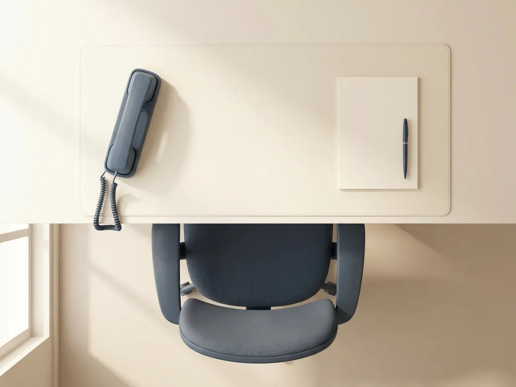 Minimalistische kantoorbureau met elegante telefoonhoorn, leeg ergonomisch stoel, notitieblok en pen in zacht ochtendlicht.