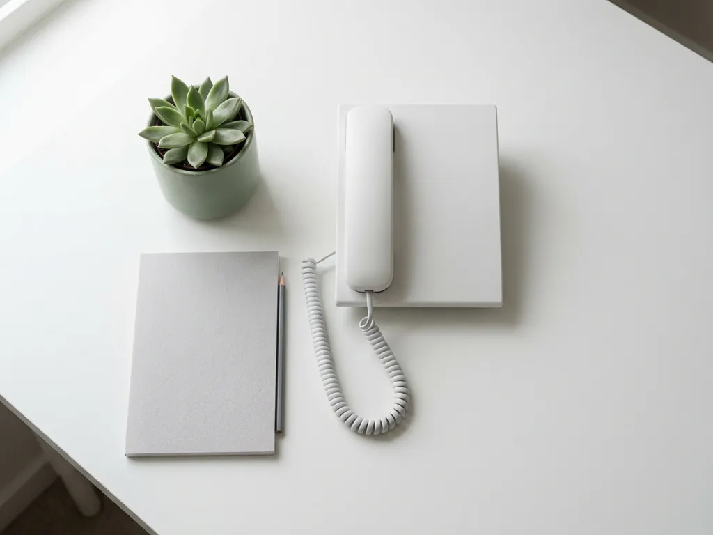 Nieuwe bureautelefoon met spiraalnoer op wit bureau naast klein plantje en notitieboekje, minimalistische werkplek vogelvluchtperspectief.