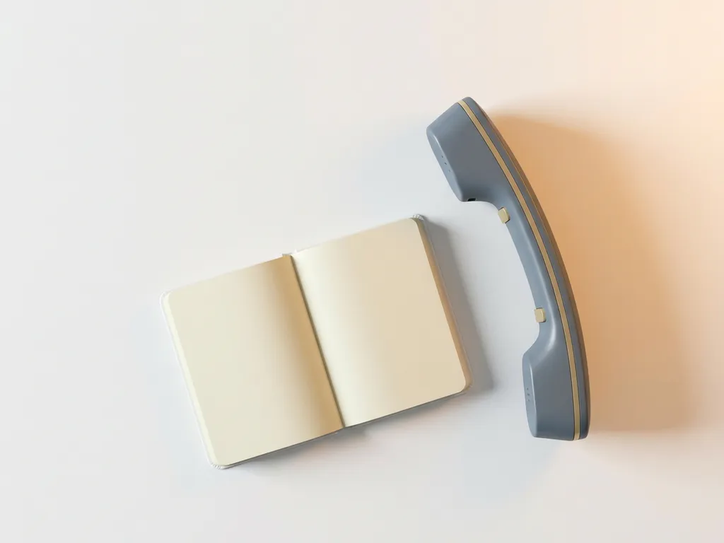 Strakke bureautelefoonhoorn op wit oppervlak naast open notitieboekje, warm amberkleurig licht, minimalistisch bovenaanzicht.