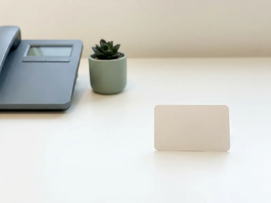 Minimalistische witte bureauopstelling met een strakke bureautelefoon, visitekaartje en klein potplantje voor startende ondernemers.