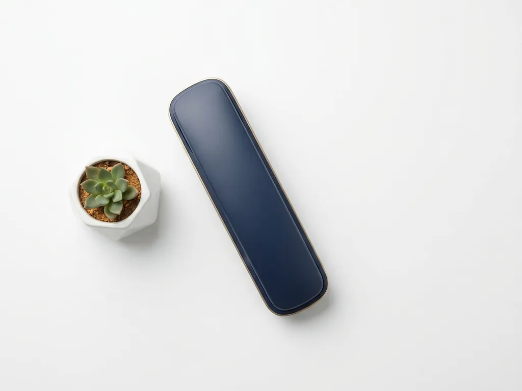 Zakelijke telefoonhoorn diagonaal op wit oppervlak naast een kleine vetplant, minimalistische flatlay in marineblauw en goudtinten.