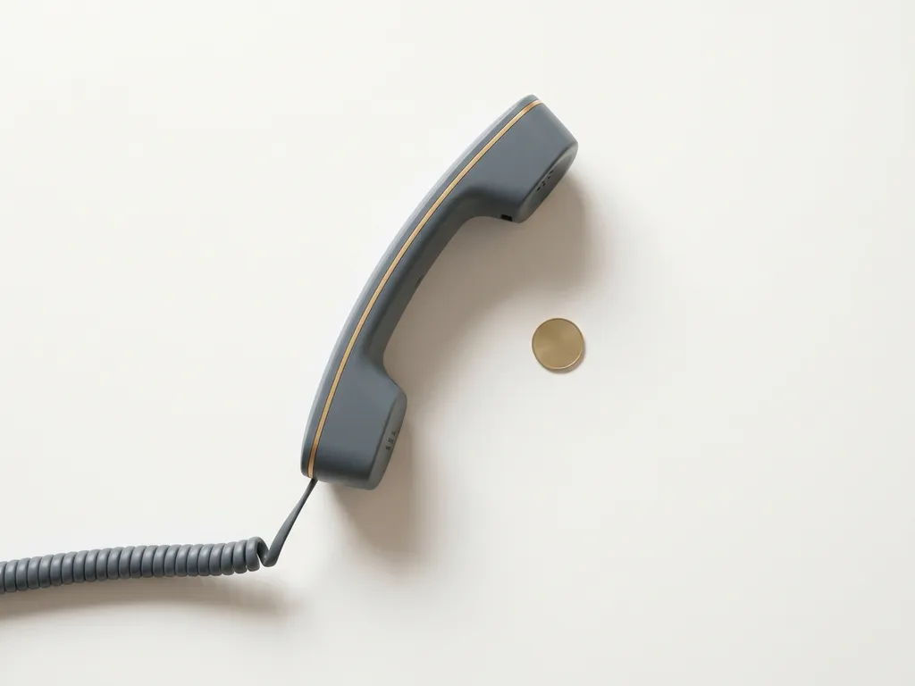Bureautelefoon naast een kleine munt op wit oppervlak, minimalistische bovenaanzicht die lage kosten en directe beschikbaarheid suggereert.