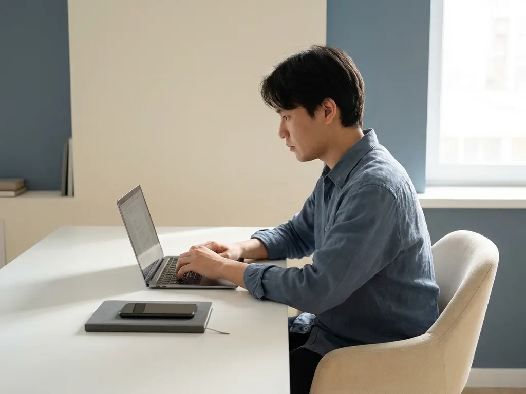 Professional aan minimalistisch wit bureau met omgekeerde smartphone en gesloten notitieboek, gefocust werkend in warm natuurlijk licht.
