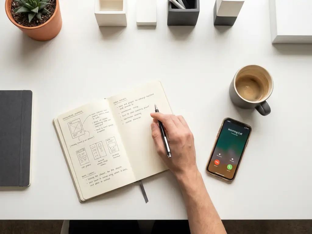Freelancer aan wit bureau pauzeert boven notitieboek terwijl smartphone rinkelt naast halfvolle koffiekop en klein terracotta potplantje.