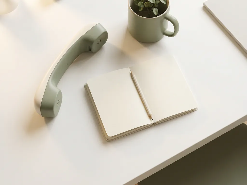 Strak wit bureau met een telefoonhoorn en open notitieboek, ingericht voor een freelancer die oproepen op afstand beheert.