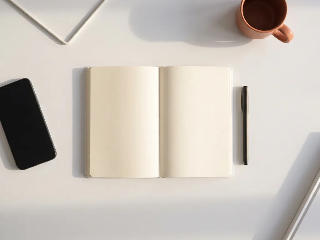Freelancer aan minimalistisch wit bureau met opengeslagen notitieboek, pen en omgekeerde smartphone in zacht ochtendlicht.