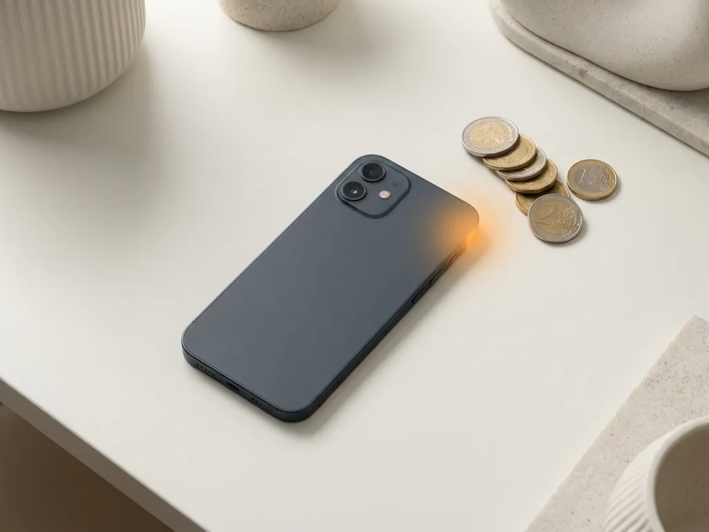 Smartphone met gemiste oproep-notificatie naast een stapel euromunten op wit bureau, bovenaanzicht.