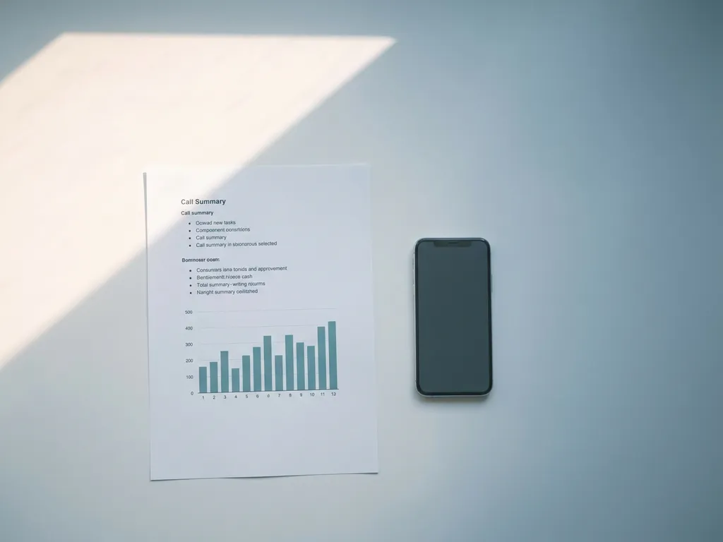 Afgedrukt gespreksoverzicht naast een smartphone op een wit bureau, gefotografeerd van bovenaf in zacht natuurlijk licht.