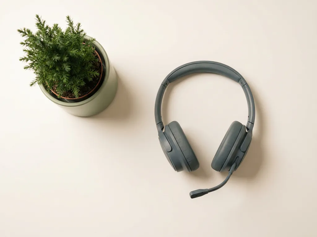 Professionele headset op wit bureau naast kleine groene plant, bovenaanzicht met zachte studiobelichting en minimalistische compositie.