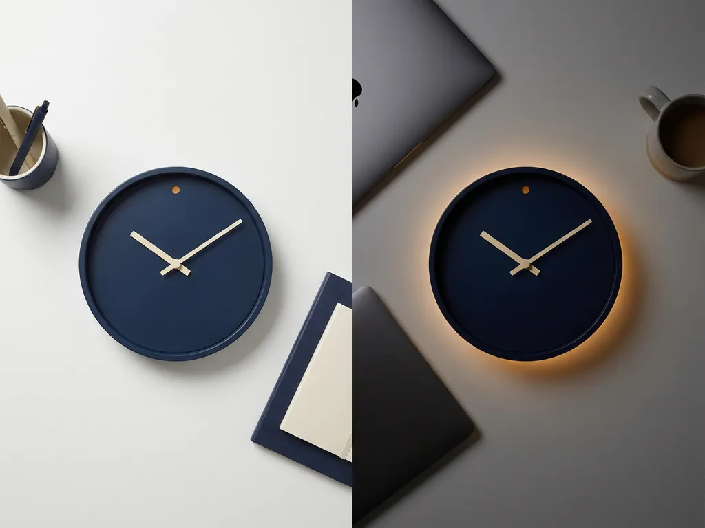 Twee analoge klokken op wit bureau, één in helder daglicht en één in schemerlicht, marineblauwe en ivoren tinten met amberkleurig accent.