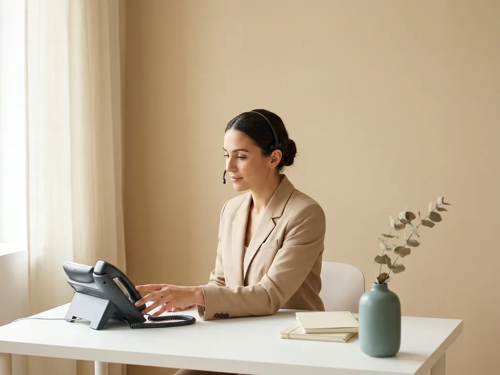Professionele vrouw met headset aan wit bureau, hand rustend bij telefoonhoorn in rustige, georganiseerde werkruimte.