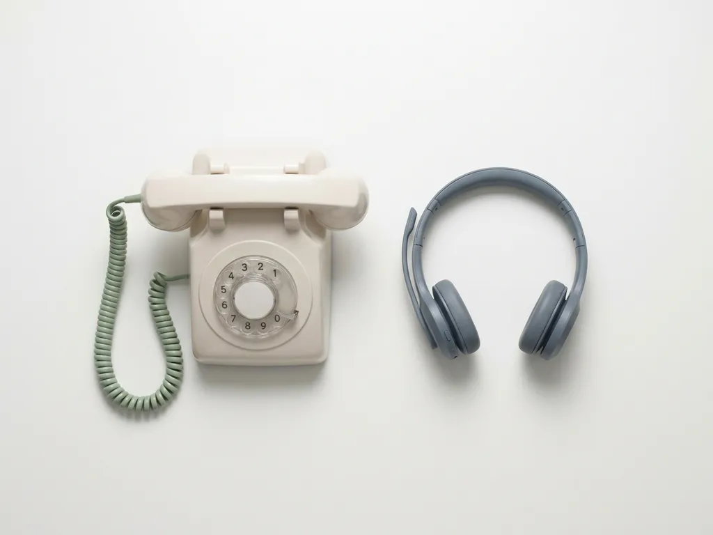 Klassieke bureautelefoon en moderne headset naast elkaar op wit oppervlak, gefotografeerd van bovenaf in zacht studiolicht.