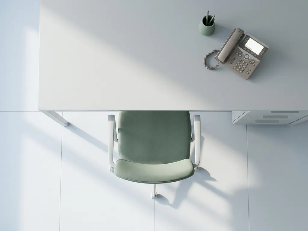 Lege bureaustoel voor minimalistisch bureau met onbeantwoorde telefoon, zacht natuurlijk licht en saliegroen accent.