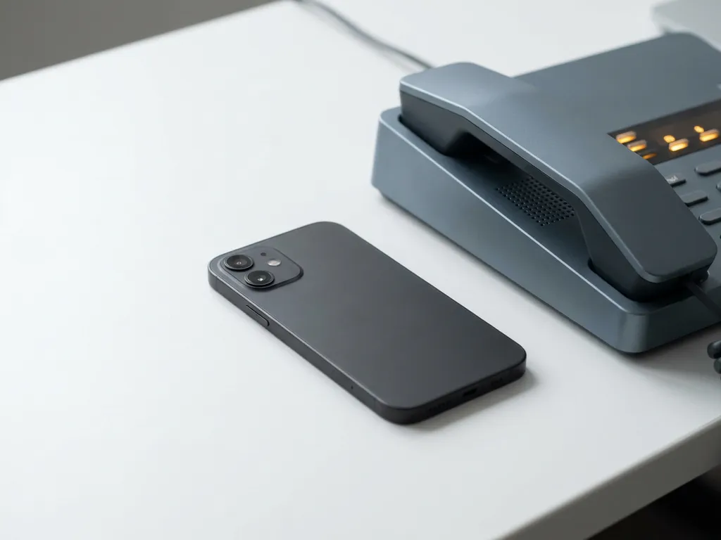 Persoonlijke smartphone met scherm naar beneden naast zakelijke vaste telefoon op wit bureau, contrast tussen informeel en professioneel.