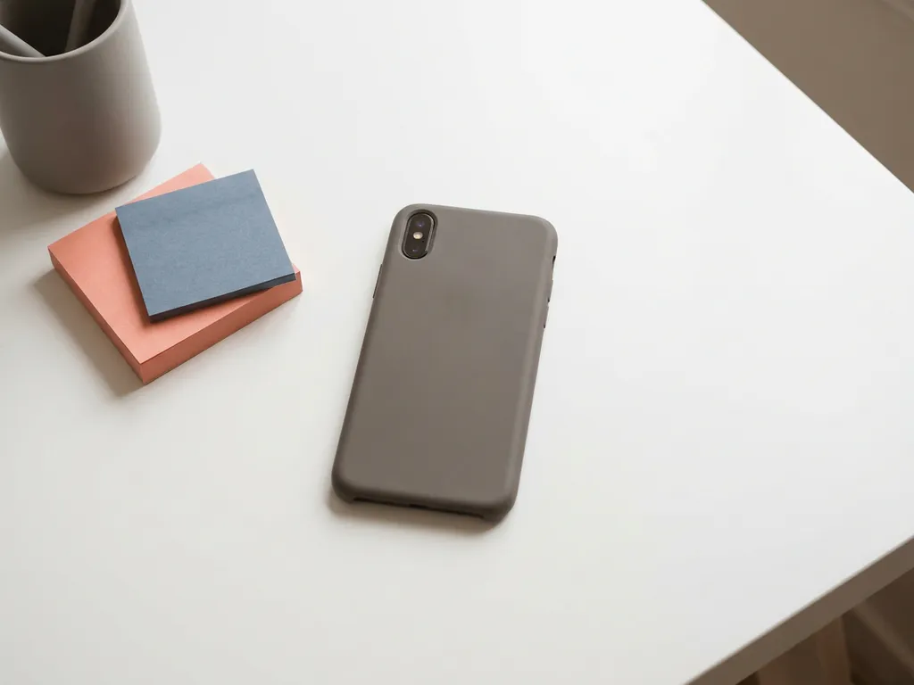Smartphone met scherm naar beneden op wit bureau naast stapel sticky notes, symbool voor afleidingen en gemiste meldingen.