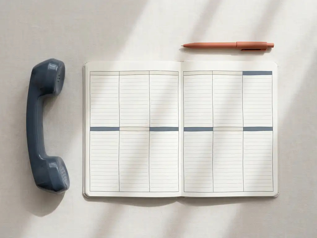 Opengeslagen bureaukalender met weekplanning, telefoonhoorn en pen op linnen ondergrond in warme wit- en leisteenblauw tinten.