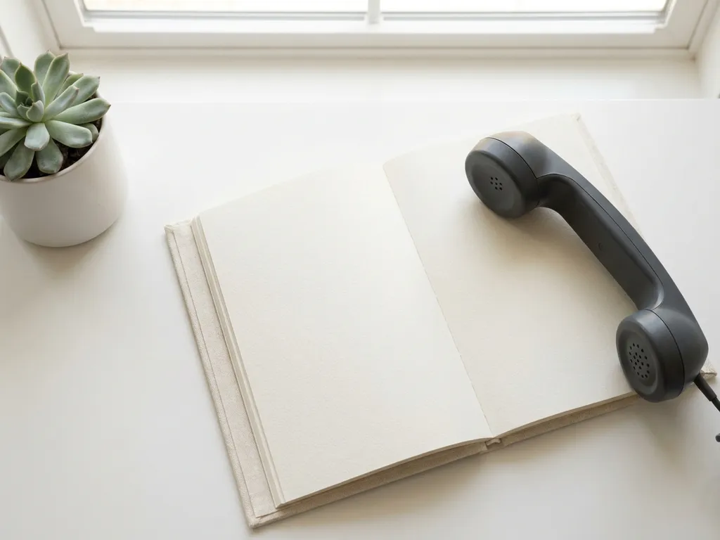 Open agenda op wit bureau met telefoonhoorn en klein succulent, minimalistisch flatlay in wit, saliegroen en antraciet.