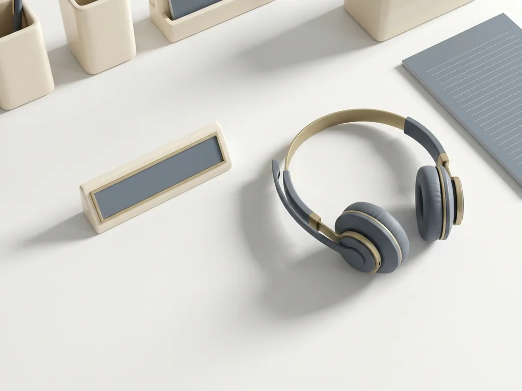Professionele telefoonheadset naast een naamplaatje op een wit receptiebalie, minimalistische flatlay met warm ivoor en leisteengrijs.
