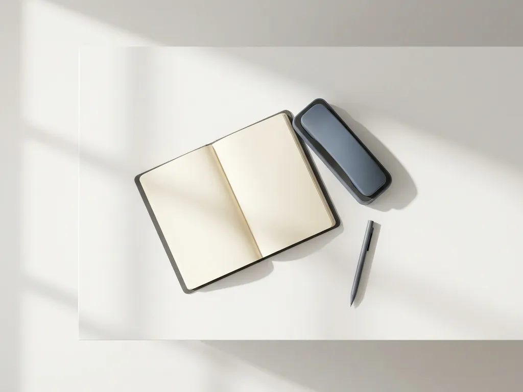 Elegante receptiebalie met open agenda, telefoonhoorn en pen op wit oppervlak in minimalistische stijl.