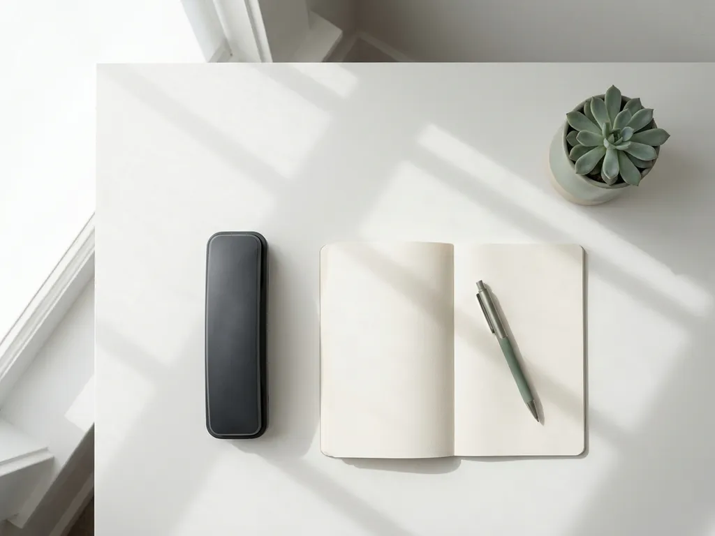 Minimalistische receptiebalie van bovenaf, met telefoonhoorn, notitieboek en pen in wit, houtskool en saliegroen.