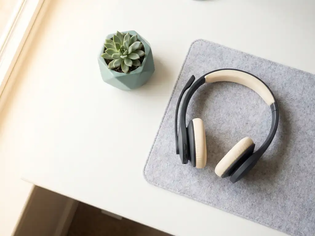 Professionele receptionist-headset op wit bureau naast kleine vetplant, strak bovenaanzicht in warme ivoor- en teal tinten.