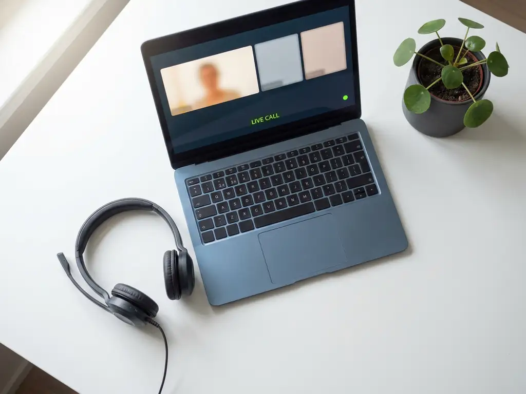 Professionele receptie-headset naast laptop met videogesprek op wit bureau, minimalistische werkruimte met kamerplant en natuurlijk licht.